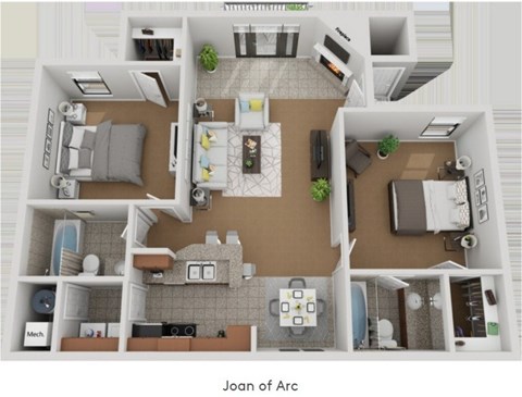 Floor plan for 2 beds, 2 baths, 1170 sqft